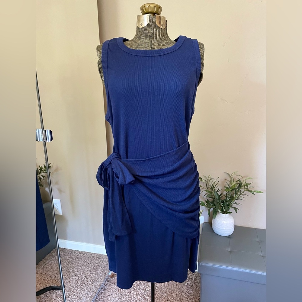 NWT Women’s Navy Blue Ribbed Wrap Tank Dress Sleeveless Fitted Side Tie Casual